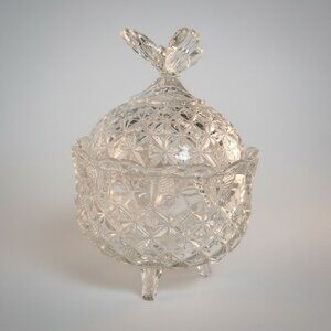 Vintage Czech Crystal Candy Dish & Lid Butterfly Cut Glass Bohemian Footed Bowl